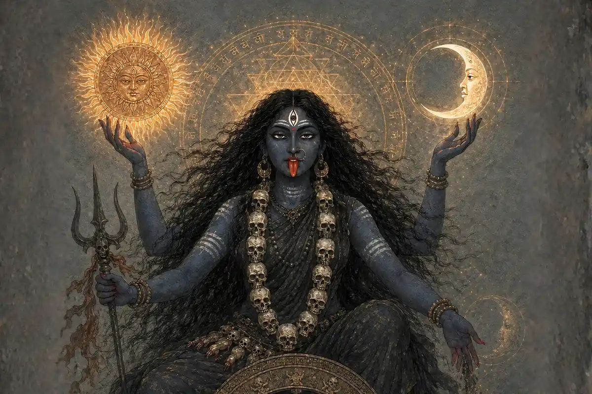 The magnificent form of Devi Kali holding the sun and moon, symbolizing Mahamaya and her ultimate control over the illusion of the universe and the passage of Time.