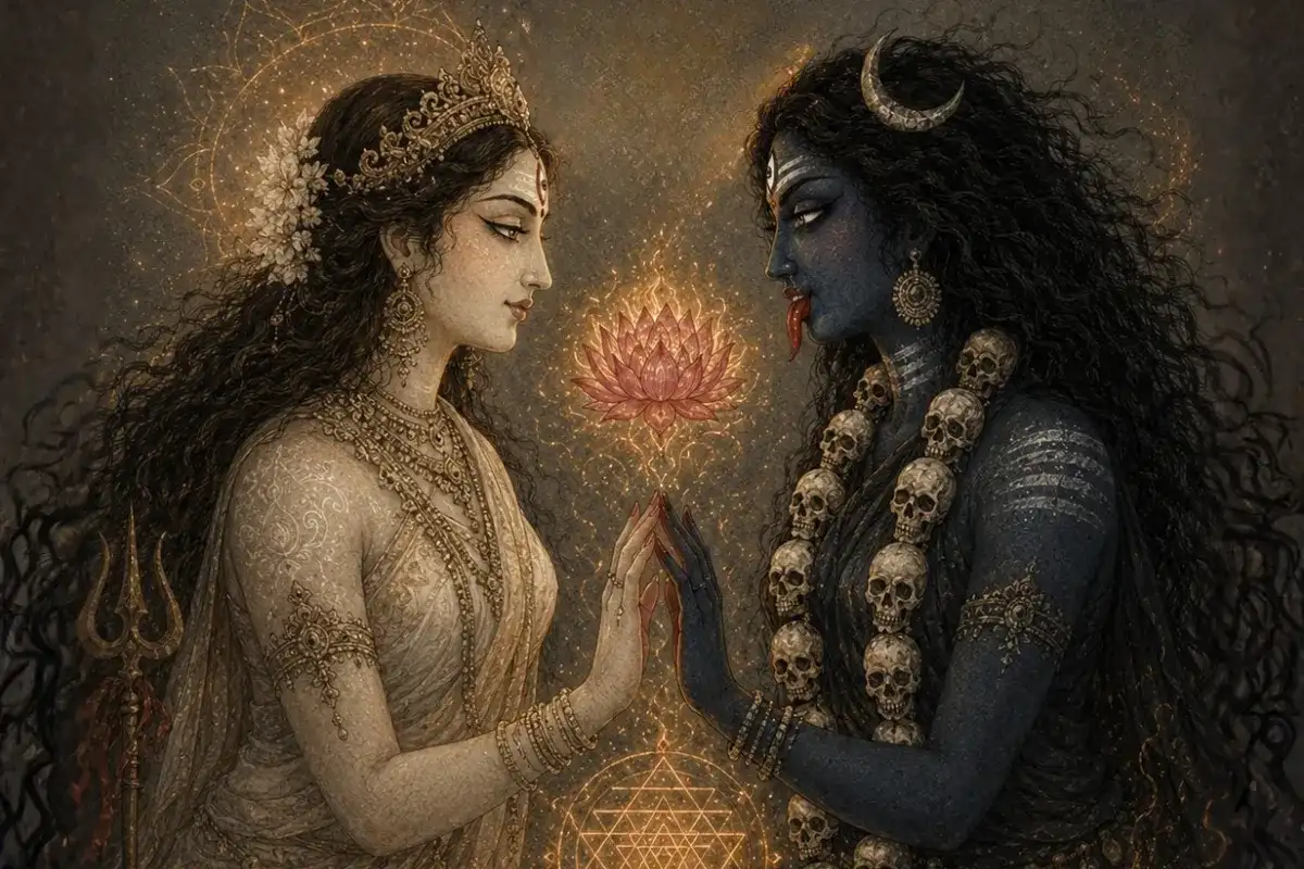 A visual representation of a softer goddess like Gauri Devi alongside Devi Kali, illustrating the recommended spiritual progression for seekers building their inner foundation.