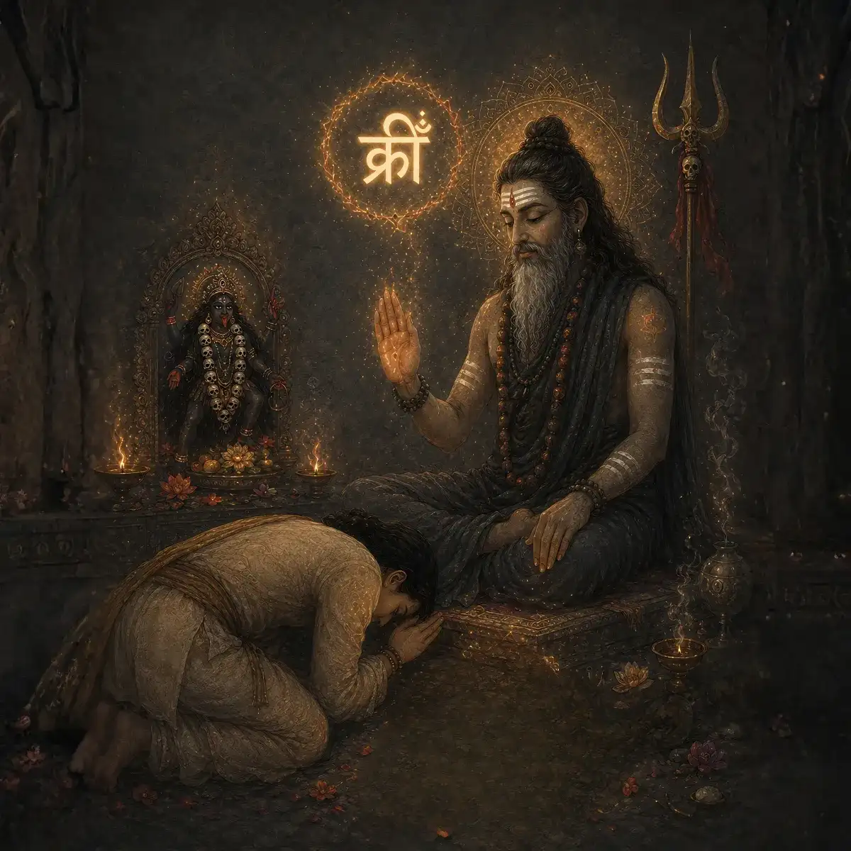 A humble disciple bowing in Guru Sharanagati before an experienced Guru, essential for safely navigating the rapid karmic effects of Kali mantra sadhana.