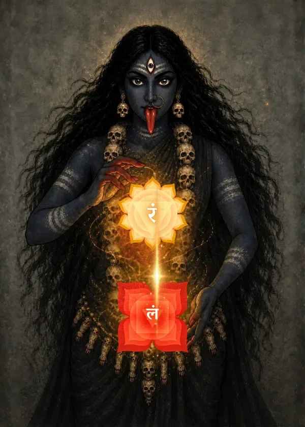 The fierce form of Devi Kali highlighting the activation of the chakra system, demonstrating the internal fire element that burns undesirable tendencies.