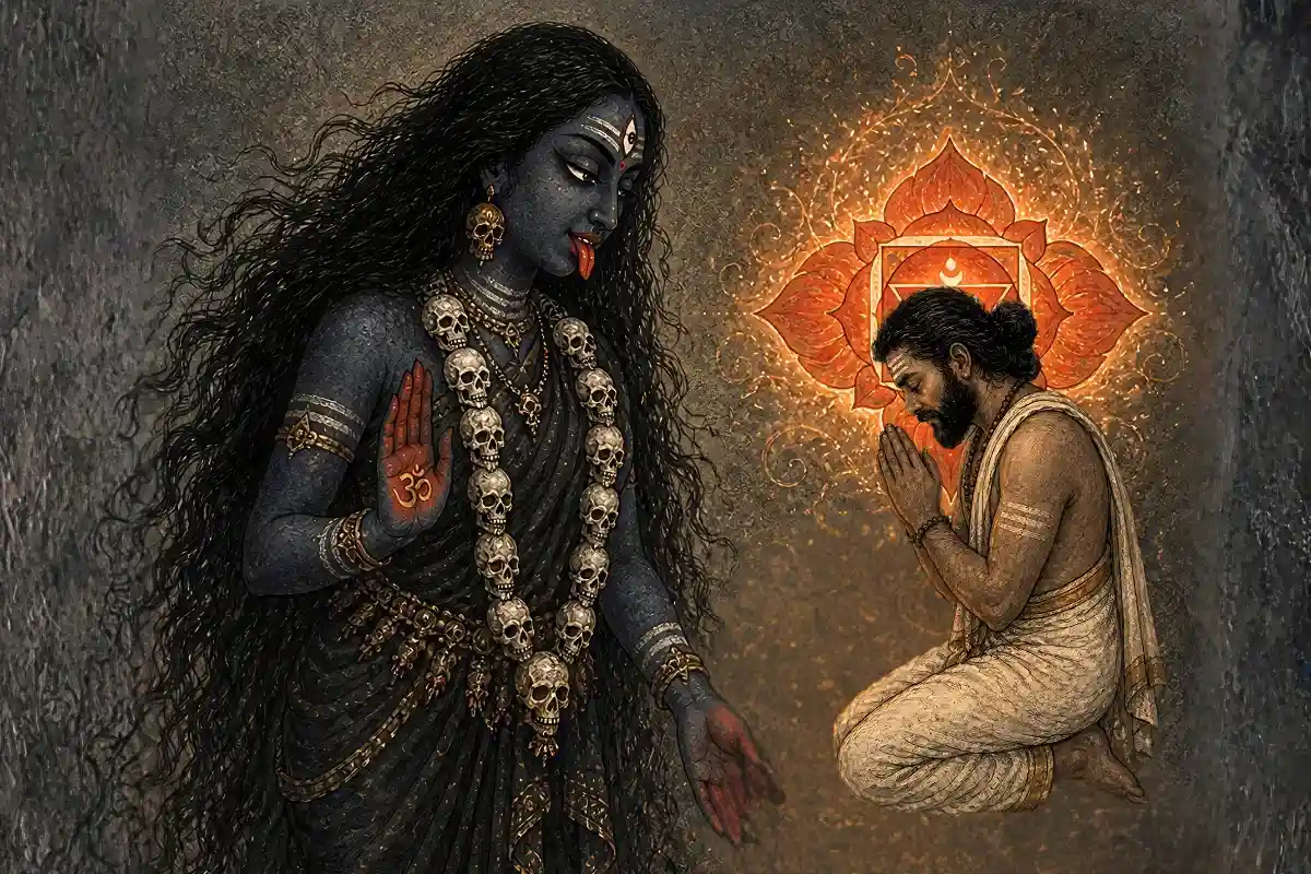 Devi Kali guiding a seeker in balancing the lower chakras, representing the internal fire and courage generated by the Manipura and Muladhara chakras.