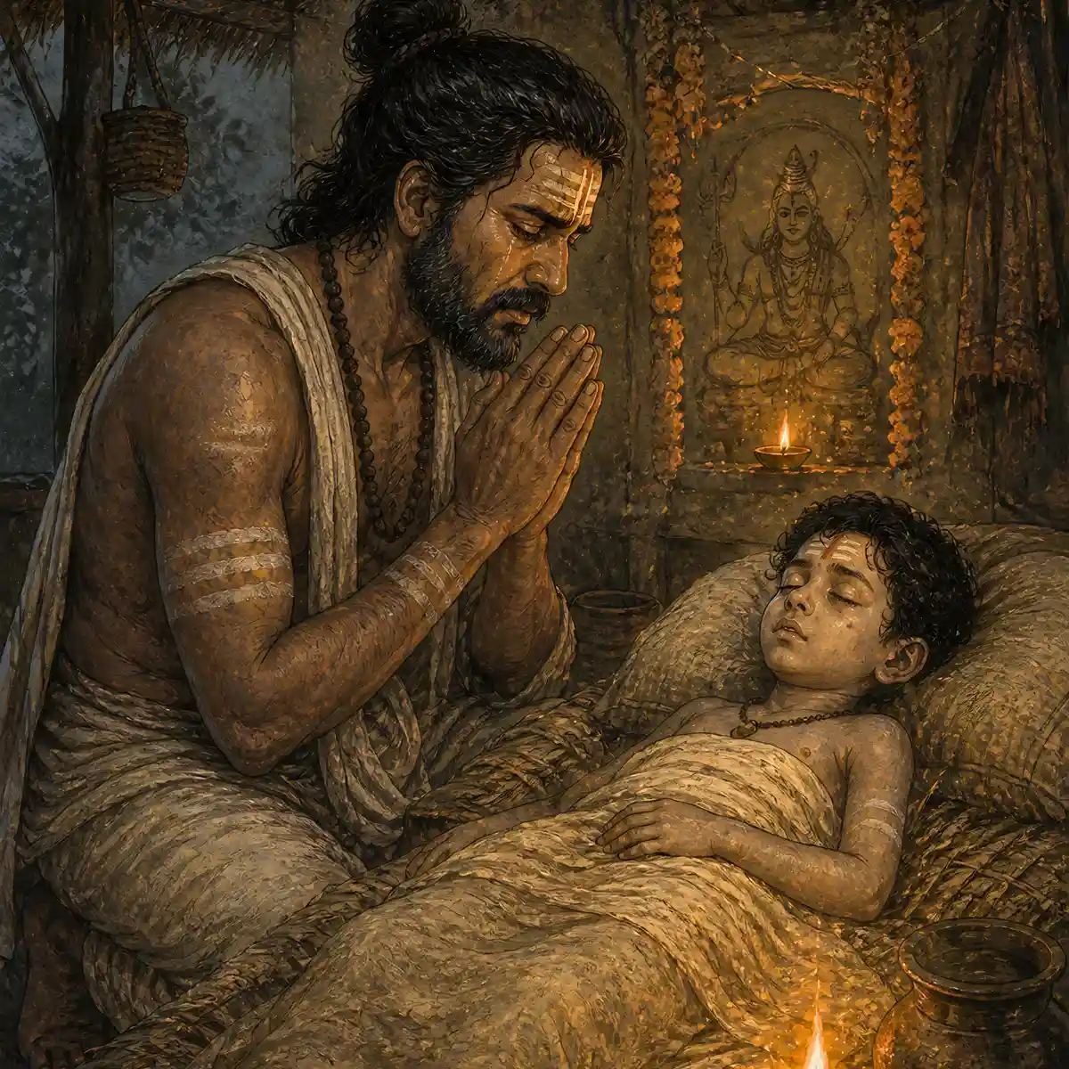A devoted sadhaka praying for healing and protection, representing how the Kali mantra grants courage and protects devotees from the fear of loss and life's difficulties.