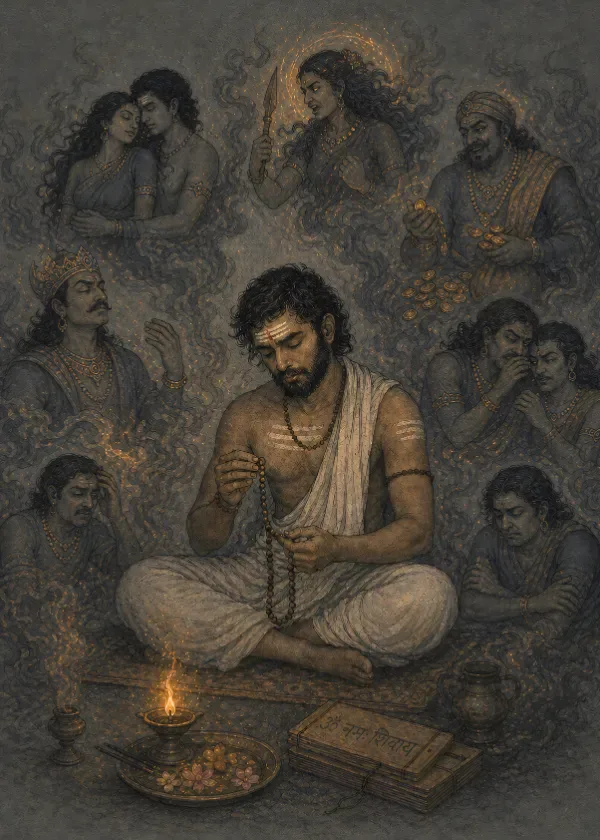 A dedicated sadhaka performing japa amidst worldly distractions, showing how the Kali mantra helps purify lower tendencies like lust, greed, and anger.