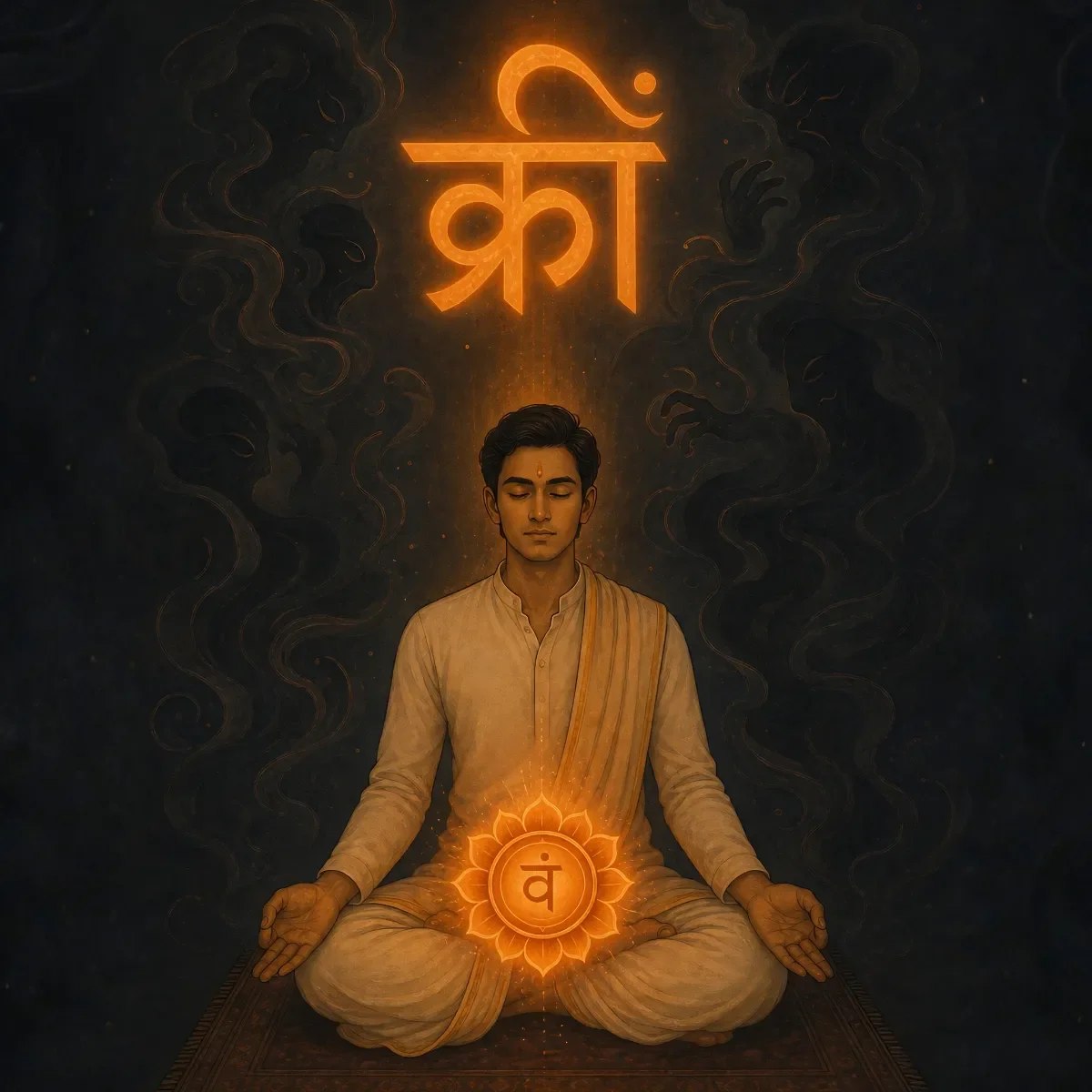 A seeker practicing a safe chakra meditation sequence, focusing on the Root Chakra while preparing to mentally chant the Kali mantra.