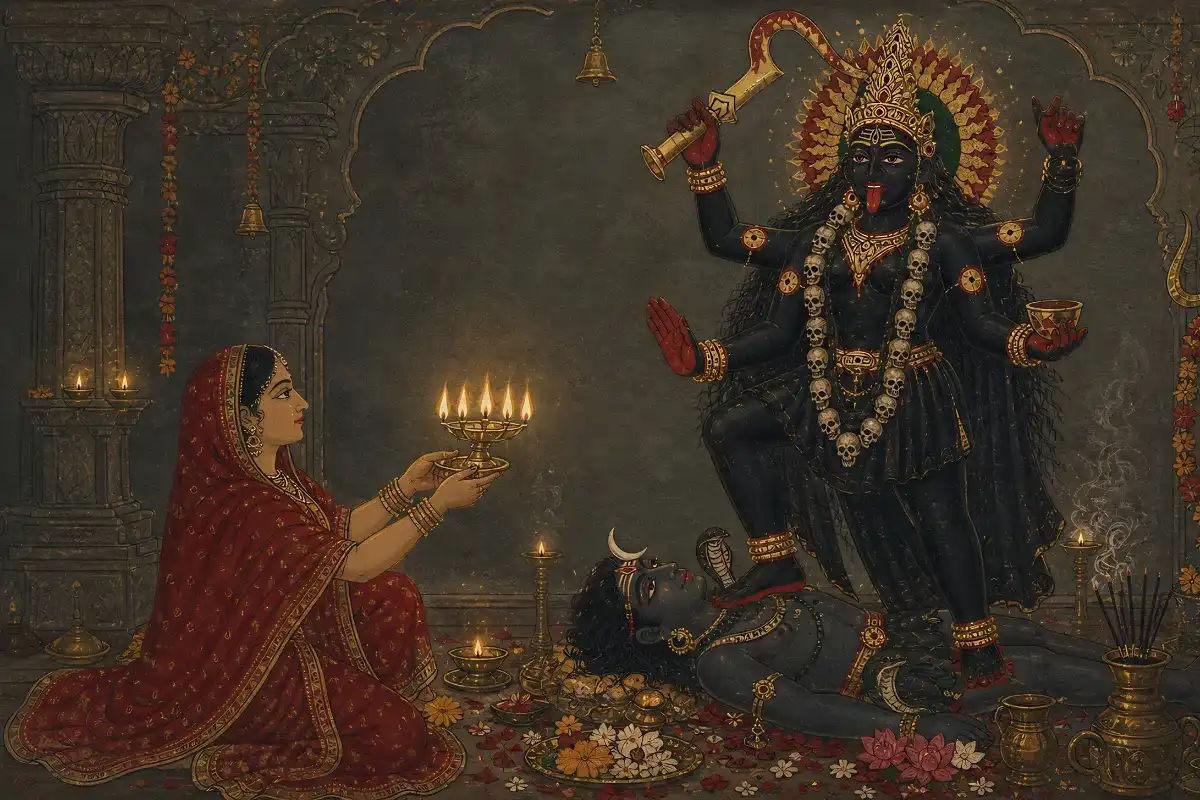 A devotee performing Sattvik daily worship of Devi Kali with a lit lamp, representing a safe alternative practice for uninitiated seekers to build a spiritual foundation.